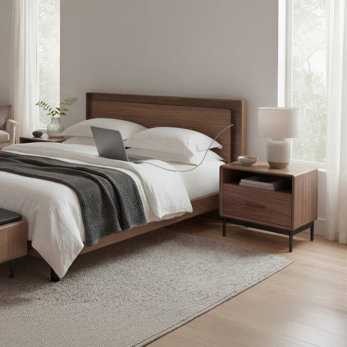 BDi Linq Nightstand in Natural Walnut, 28-inch, beside a bed in a bright bedroom
