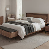 BDi Linq Up-Linq Bed in Natural Walnut, queen, in a bedroom with a bench, dresser and nightstand