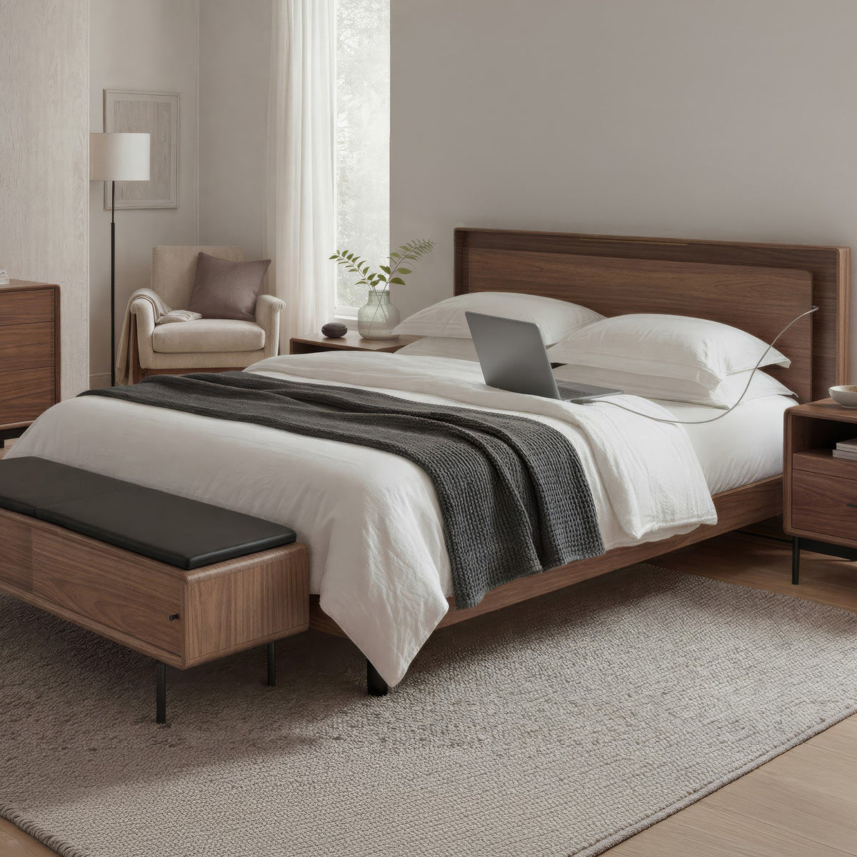 BDi Linq Up-Linq Bed in Natural Walnut, queen, in a bedroom with a bench, dresser and nightstand
