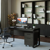 BDi Linea 6221 Desk in Charcoal Stained Ash, with a mobile file and bookcase, in a home office