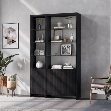 BDi Linea 2-Shelf System in Charcoal Stained Ash, 50 inch wide, in a living room by a window, 50" Wide size