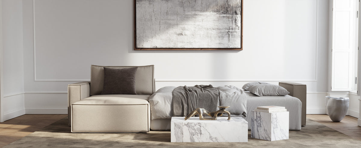 Innovation Living Newilla Sleeper Sofa With Lounger - Standard Arms, room setting, shown in 257 Adario Taupe