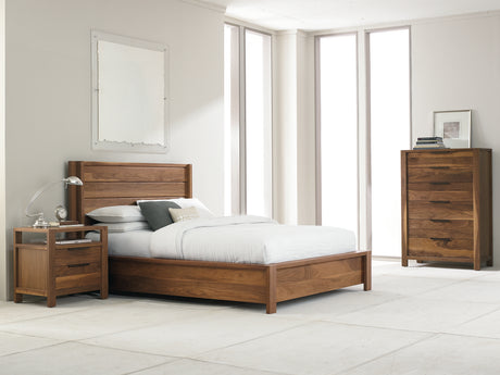 West Bros Phase Chest of Drawers in 79 Toast, in a room setting with the bed