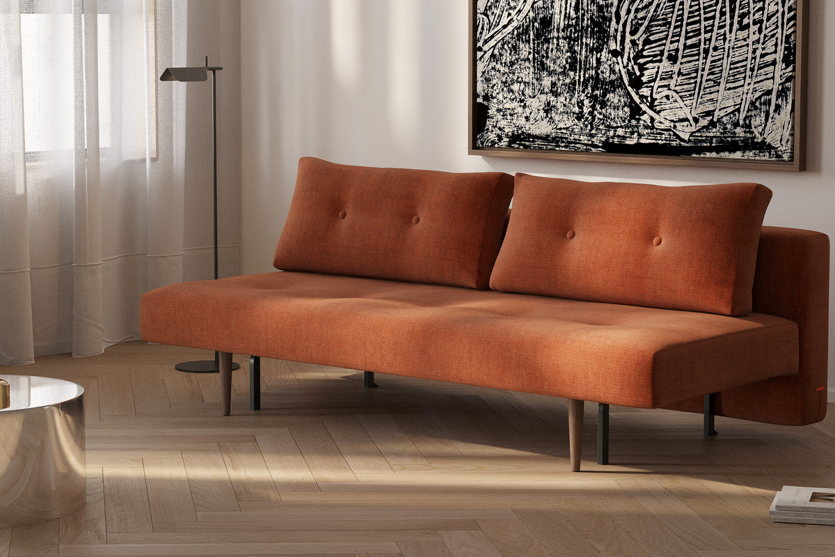 Innovation Living Recast Sleeper Sofa Dark Styletto, room setting, shown in 412 Esina Rust Orange all-groups