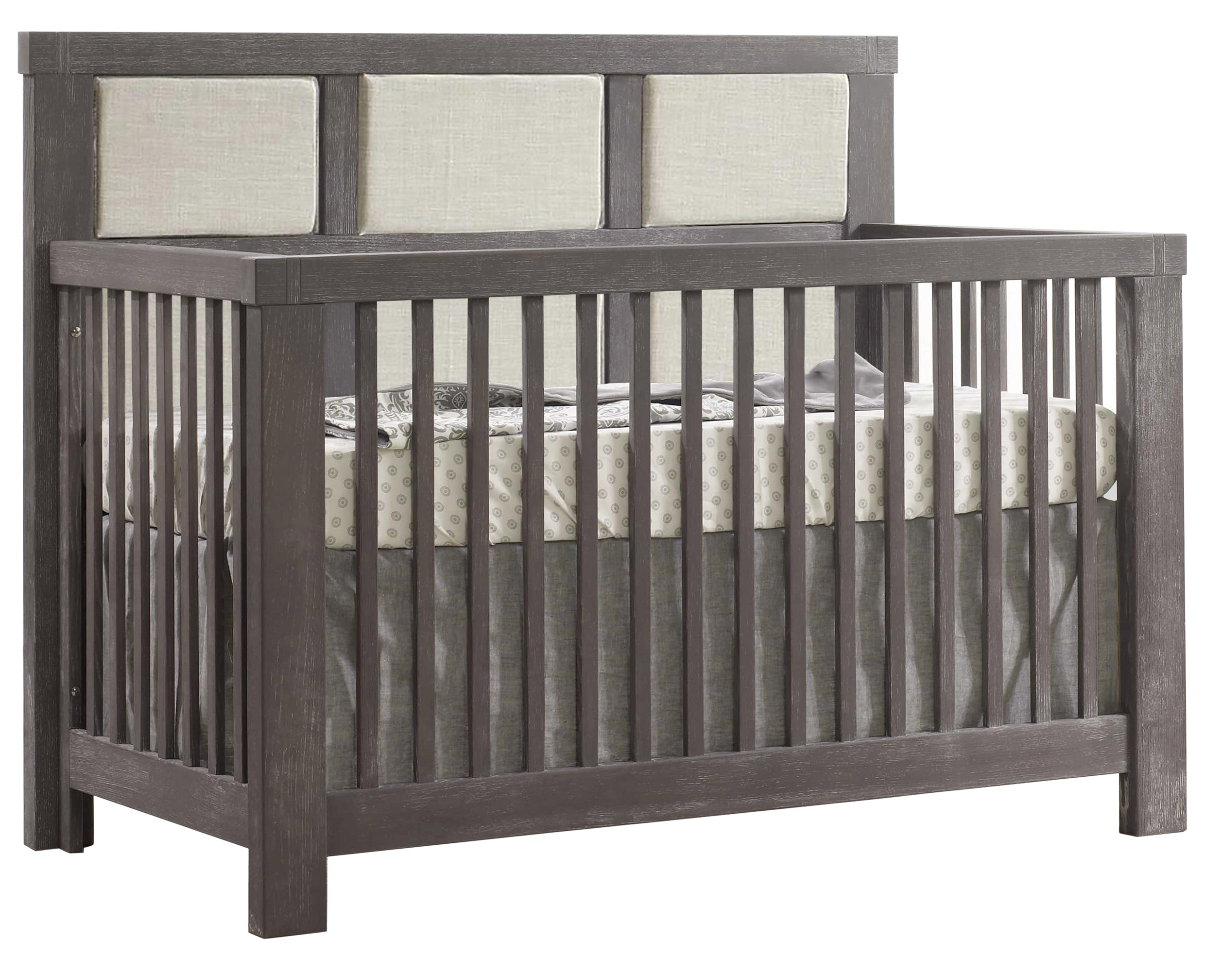 Grigio Brushed Oak with Talc Fabric | Rustico 5-in-1 Convertible Crib w/Upholstered Headboard Panels | Valley Ridge Furniture