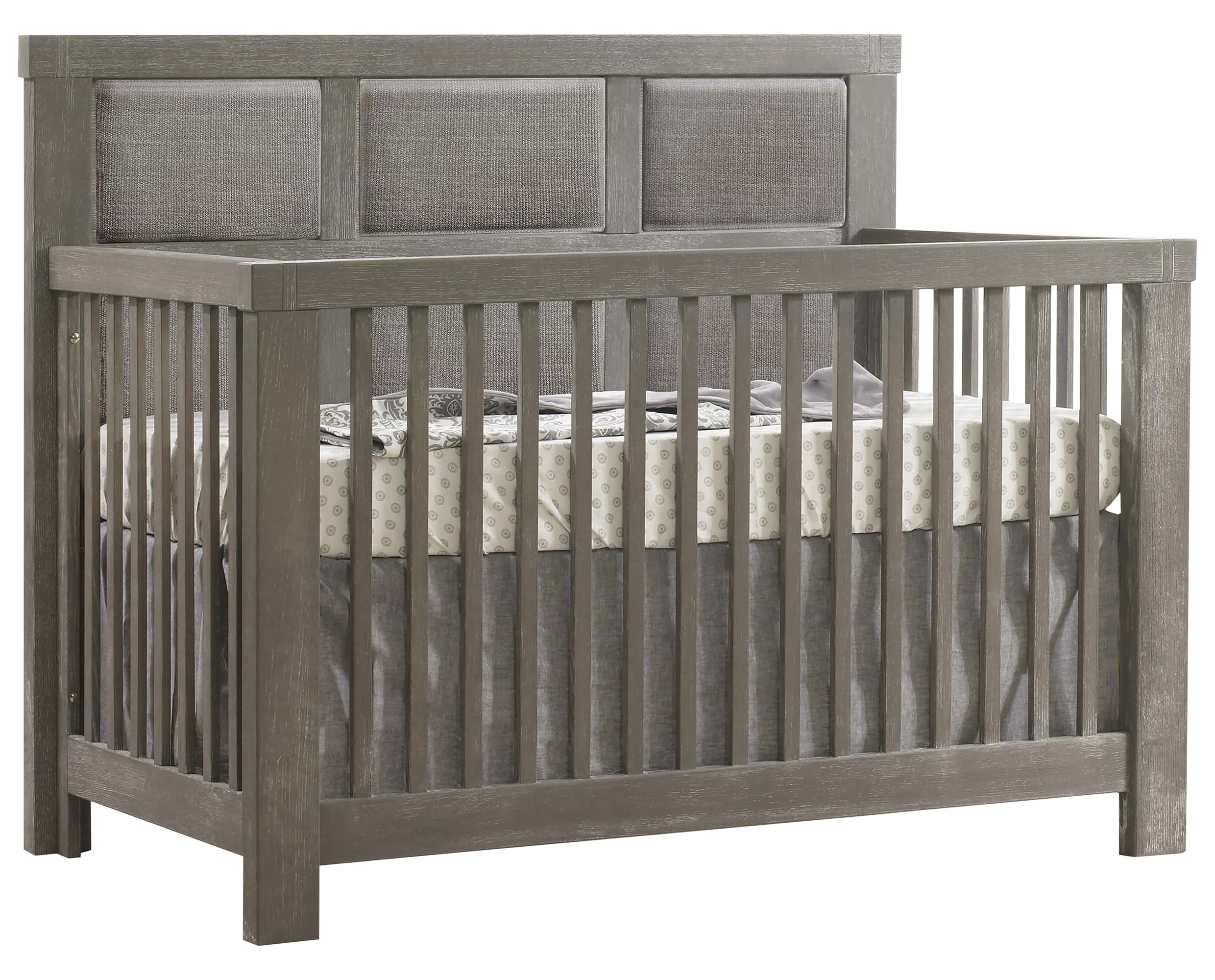 Owl Brushed Oak with Fog Fabric | Rustico 5-in-1 Convertible Crib w/Upholstered Headboard Panels | Valley Ridge Furniture