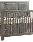 Owl Brushed Oak with Fog Fabric | Rustico 5-in-1 Convertible Crib w/Upholstered Headboard Panels | Valley Ridge Furniture
