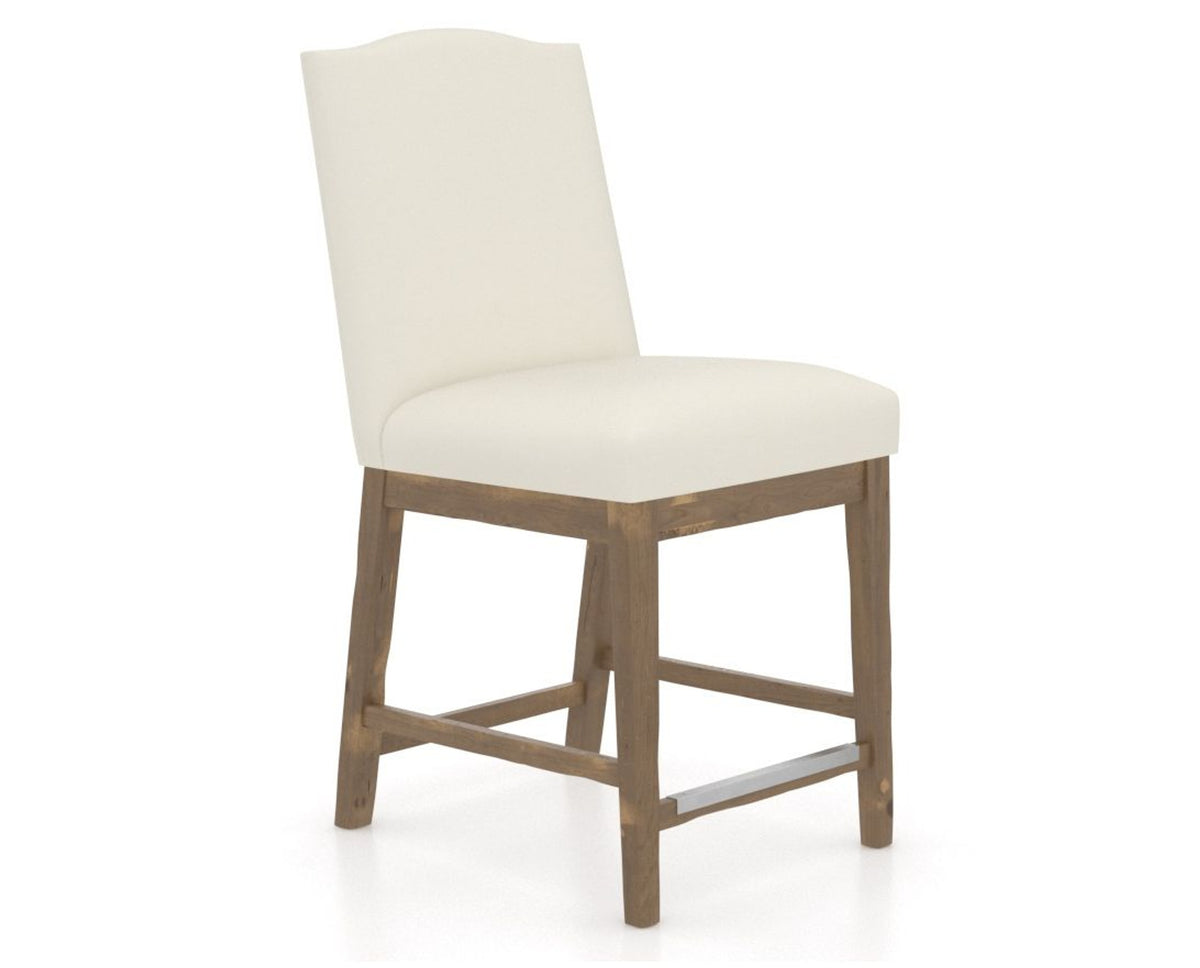 Canadel Champlain Upholstered Counter Stool 310A in YJ Faux Leather and 25 Pecan Washed, three-quarter view