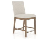 Canadel Champlain Upholstered Counter Stool 8002 in TB Fabric and 25 Pecan Washed, three-quarter view