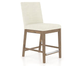 Canadel Champlain Upholstered Counter Stool 8002 in TW Fabric and 25 Pecan Washed, three-quarter view