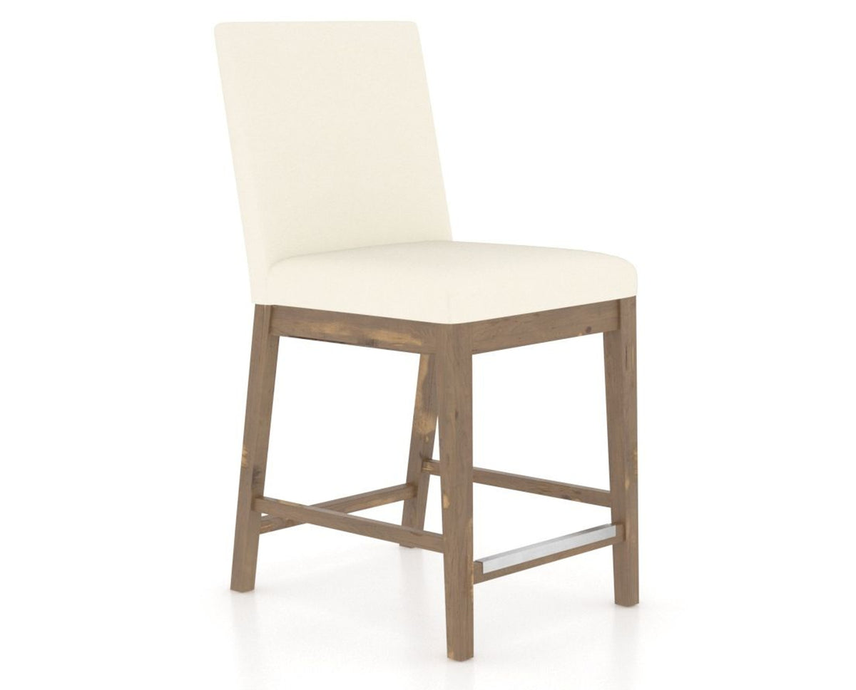 Canadel Champlain Upholstered Counter Stool 8002 in YJ Faux Leather and 25 Pecan Washed, three-quarter view