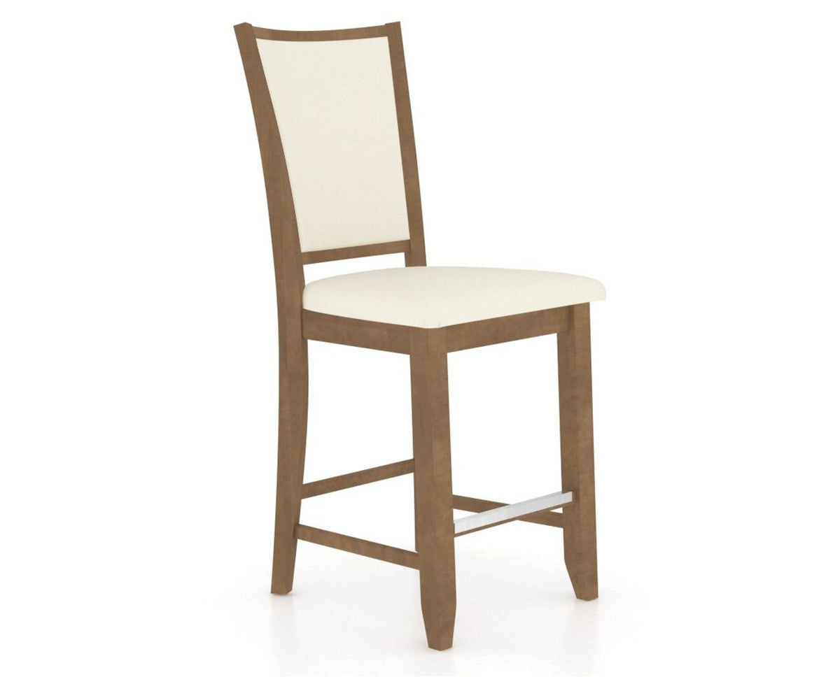 Canadel Upholstered Counter Stool 8003 in YJ Faux Leather and 25 Pecan Washed and Fixed Base, three-quarter view