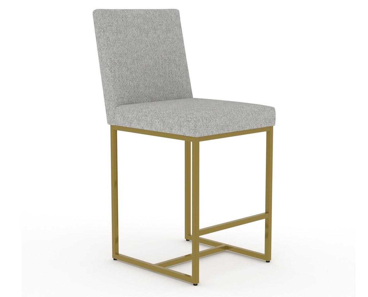 Canadel Modern Upholstered Counter Stool 8174 in 7C Fabric with a gold metal frame, three-quarter view