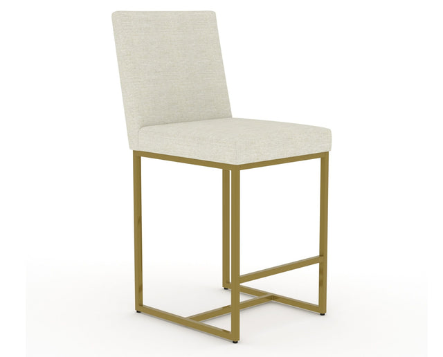 Canadel Modern Upholstered Counter Stool 8174 in TW Fabric with a gold metal frame, three-quarter view