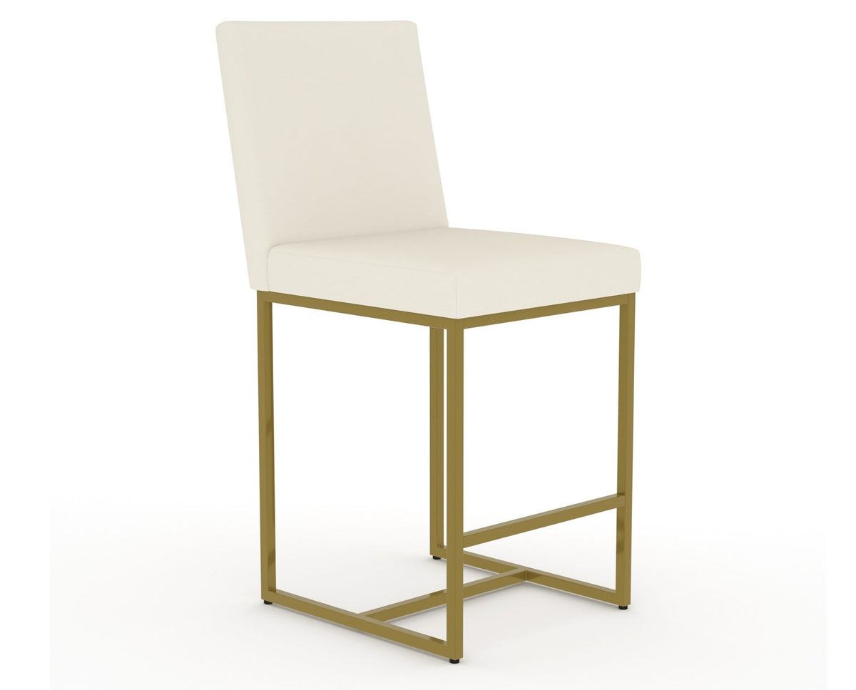 Canadel Modern Upholstered Counter Stool 8174 in YJ Faux Leather with a gold metal frame, three-quarter view