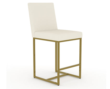 Canadel Modern Upholstered Counter Stool 8174 in YJ Faux Leather with a gold metal frame, three-quarter view