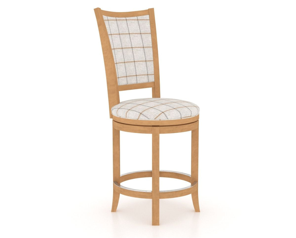 Canadel Upholstered Counter Stool 8003 in OZ Fabric and 20 Caramel Washed and Swivel Base, three-quarter view