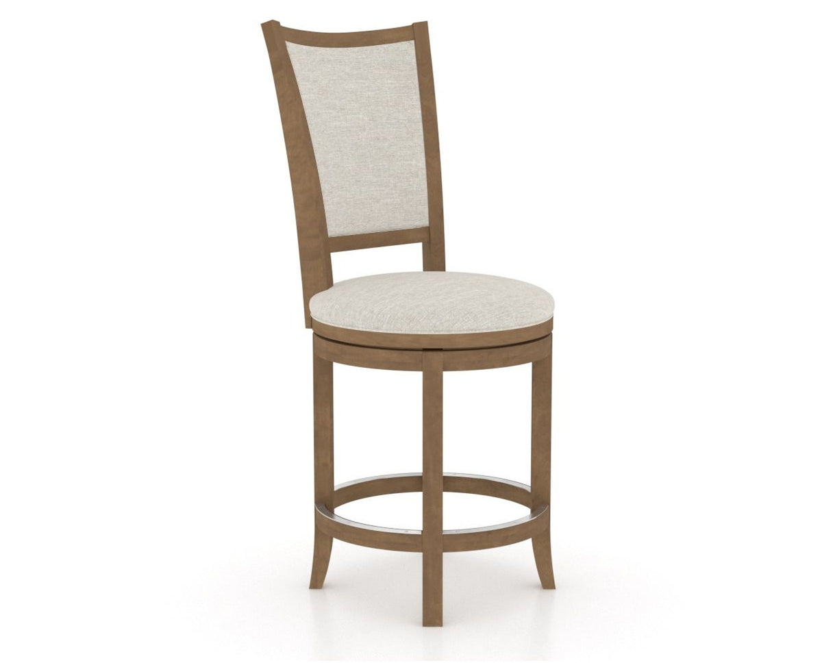 Canadel Upholstered Counter Stool 8003 in TB Fabric and 25 Pecan Washed and Swivel Base, three-quarter view