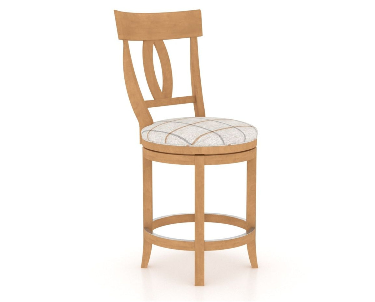 Canadel Upholstered Counter Stool 8100 in OZ Fabric and 20 Caramel Washed and Swivel Base, three-quarter view