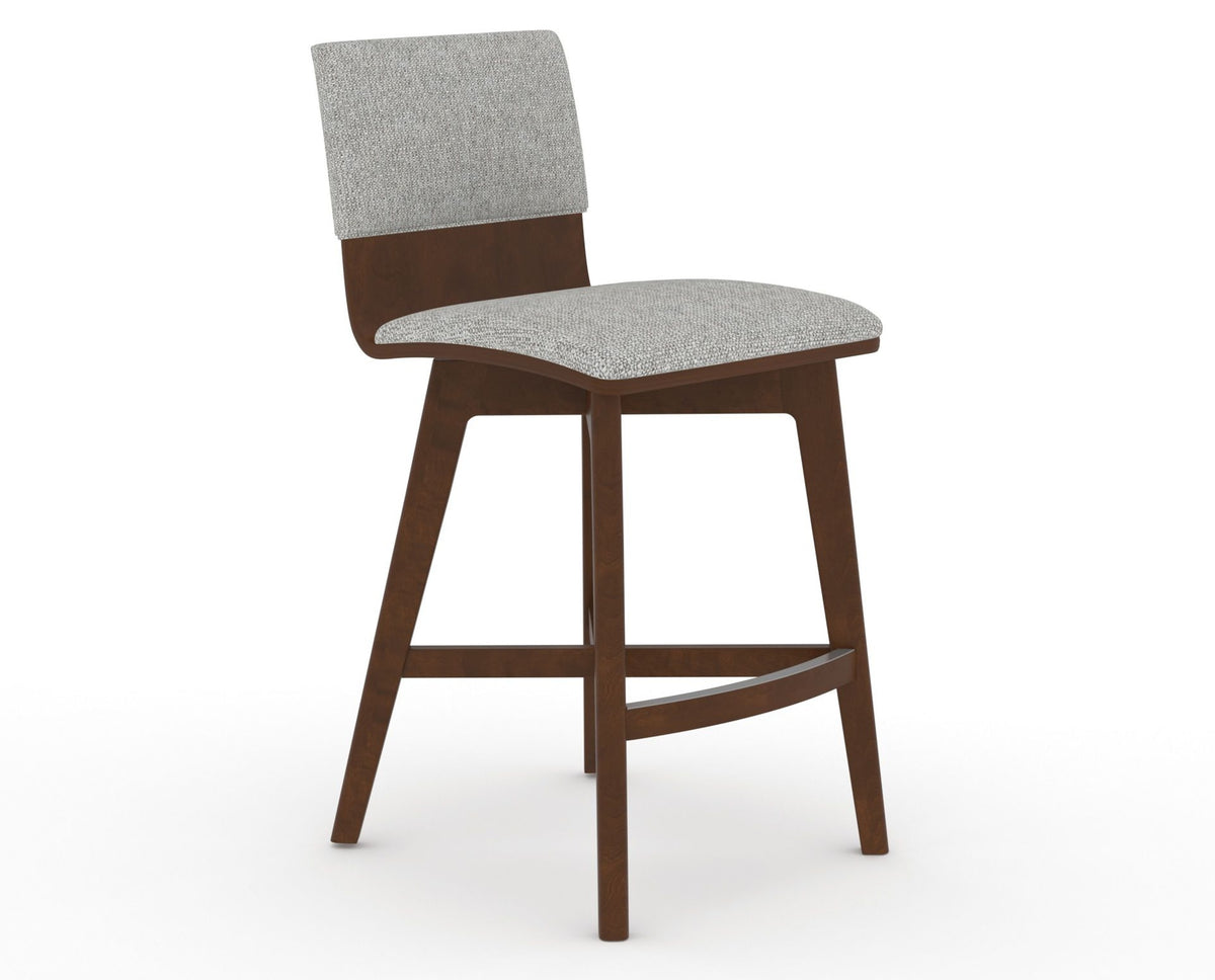 Canadel Downtown Swivel Counter or Bar Stool 8142 in 7C Fabric and 19 Cognac Washed, three-quarter view