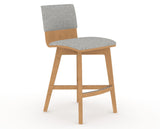 Canadel Downtown Swivel Counter or Bar Stool 8142 in 7C Fabric and 20 Caramel Washed, three-quarter view