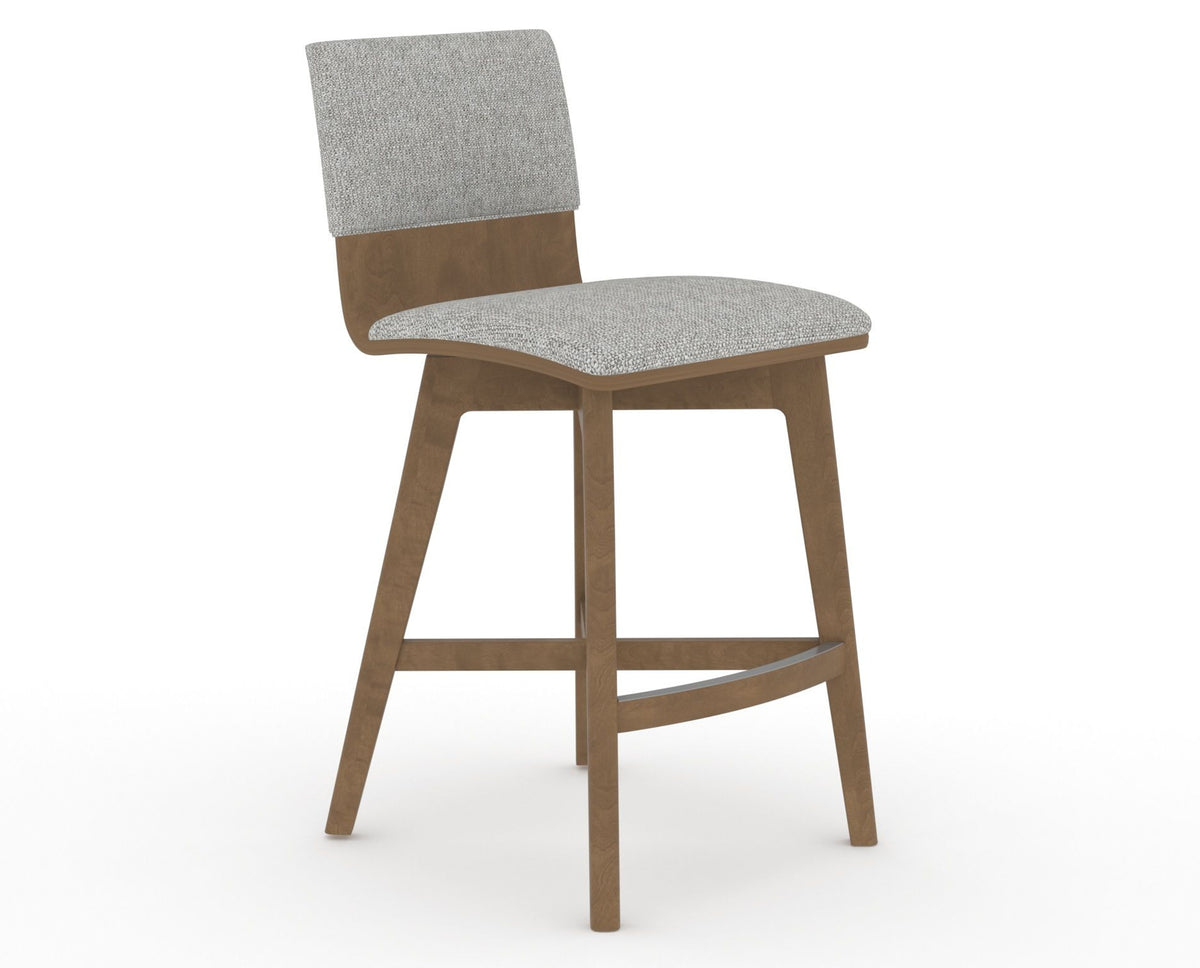 Canadel Downtown Swivel Counter or Bar Stool 8142 in 7C Fabric and 25 Pecan Washed, three-quarter view