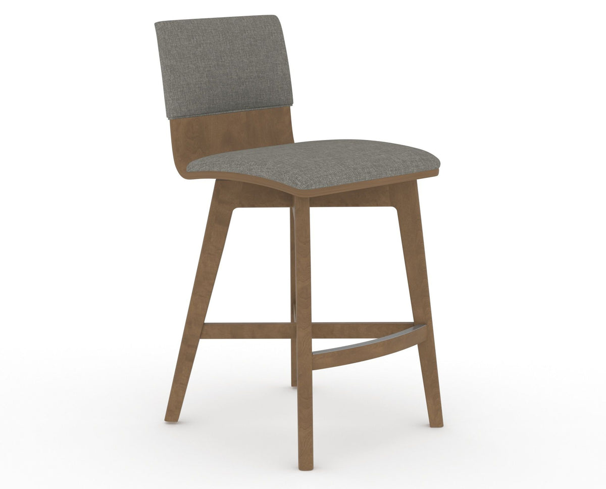 Canadel Downtown Swivel Counter or Bar Stool 8142 in TN Fabric and 25 Pecan Washed, three-quarter view