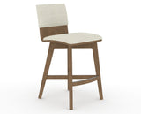Canadel Downtown Swivel Counter or Bar Stool 8142 in TW Fabric and 25 Pecan Washed, three-quarter view