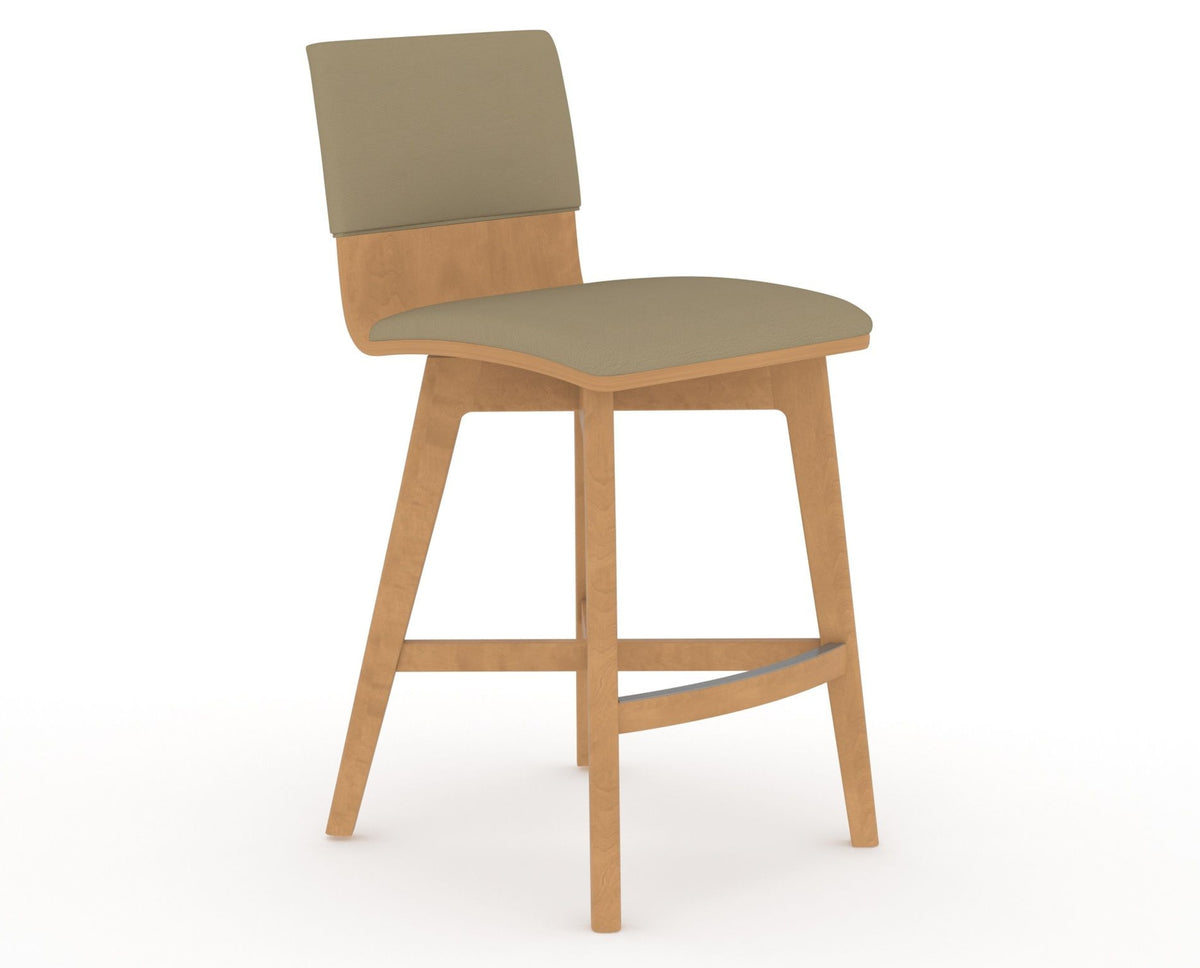 Canadel Downtown Swivel Counter or Bar Stool 8142 in XY Faux Leather and 20 Caramel Washed, three-quarter view