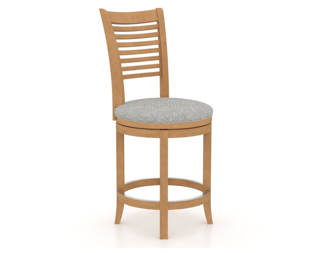 Canadel Upholstered Counter Stool 8229 in 7C Fabric and 20 Caramel Washed and Swivel Base, three-quarter view