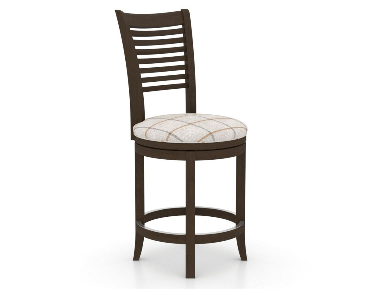 Canadel Upholstered Counter Stool 8229 in OZ Fabric and 29 Hazelnut Washed and Swivel Base, three-quarter view