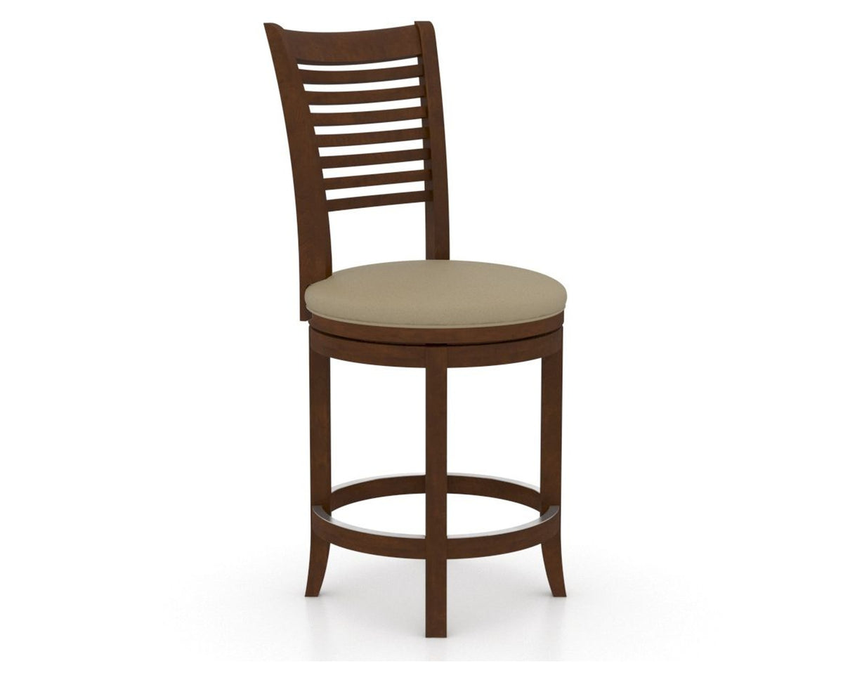 Canadel Upholstered Counter Stool 8229 in XY Faux Leather and 19 Cognac Washed and Swivel Base, three-quarter view