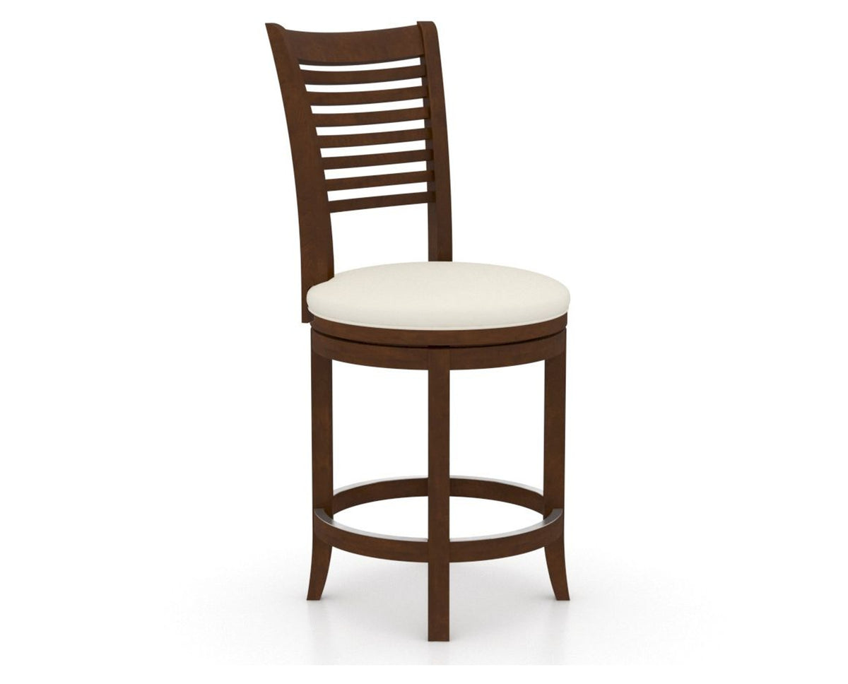 Canadel Upholstered Counter Stool 8229 in YJ Faux Leather and 19 Cognac Washed and Swivel Base, three-quarter view