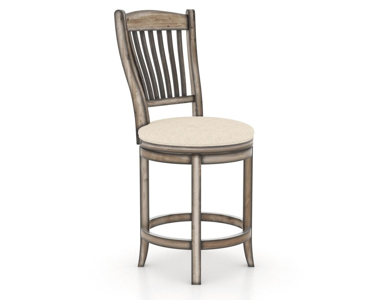 Canadel Champlain Upholstered Counter Stool 8232 in 6K Sunbrella® and 72 Heritage Nature and Swivel Base, three-quarter view
