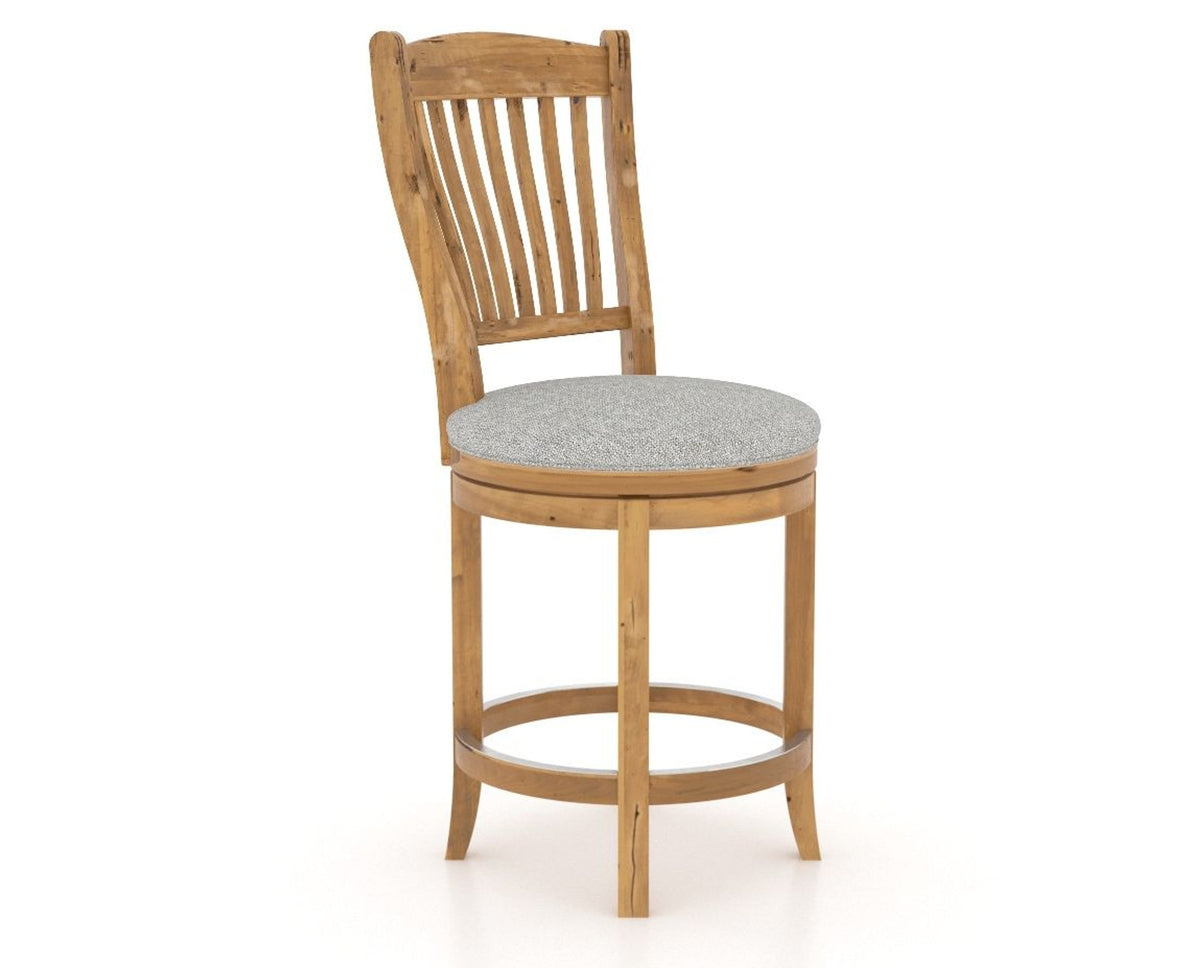 Canadel Champlain Upholstered Counter Stool 8232 in 7C Fabric and 01 Honey Washed and Swivel Base, three-quarter view