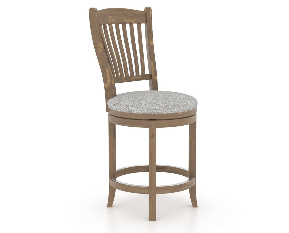 Canadel Champlain Upholstered Counter Stool 8232 in 7C Fabric and 25 Pecan Washed and Swivel Base, three-quarter view