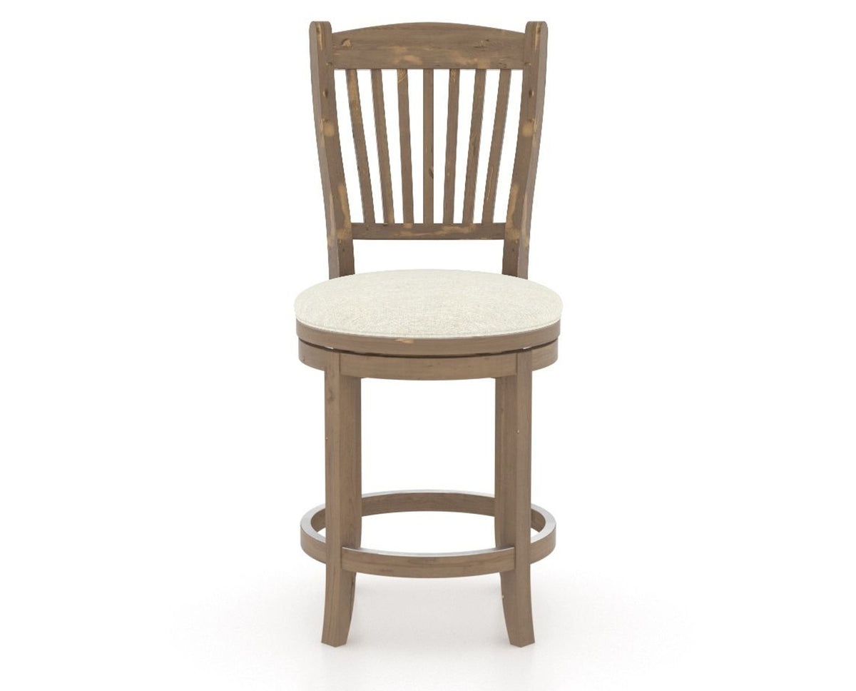Canadel Champlain Upholstered Counter Stool 8232 in TW Fabric and 25 Pecan Washed and Swivel Base, front view