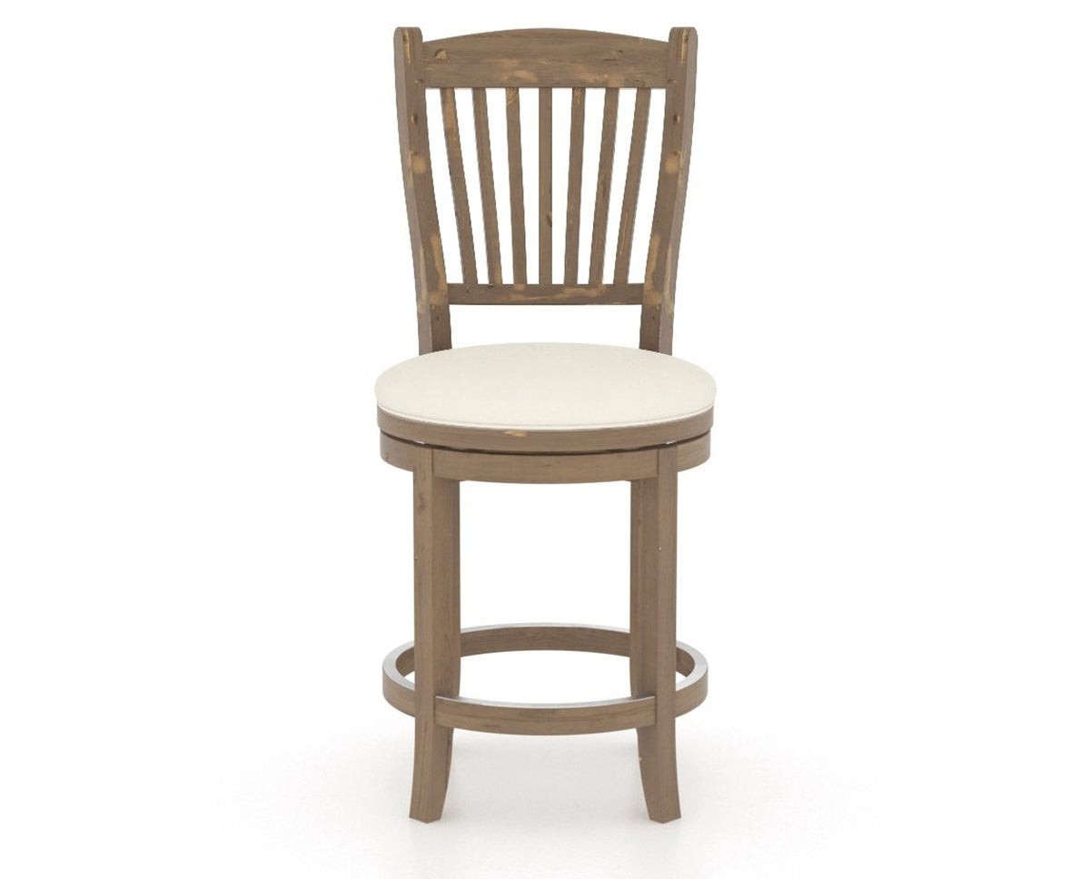 Canadel Champlain Upholstered Counter Stool 8232 in YJ Faux Leather and 25 Pecan Washed and Swivel Base, front view