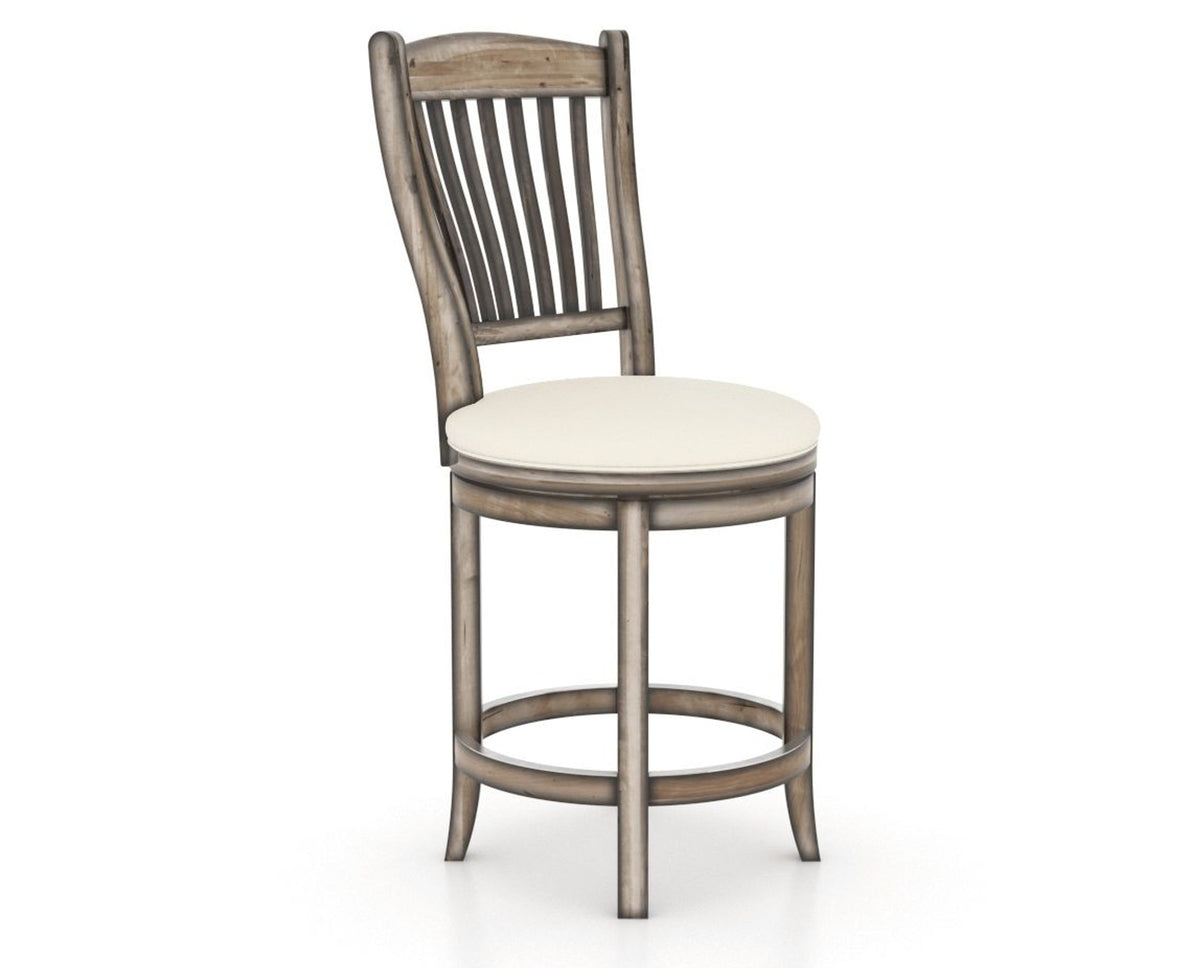 Canadel Champlain Upholstered Counter Stool 8232 in YJ Faux Leather and 72 Heritage Nature and Swivel Base, three-quarter view