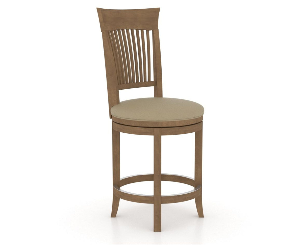 Canadel Upholstered Counter Stool 8270 in XY Faux Leather and 25 Pecan Washed and Swivel Base, three-quarter view