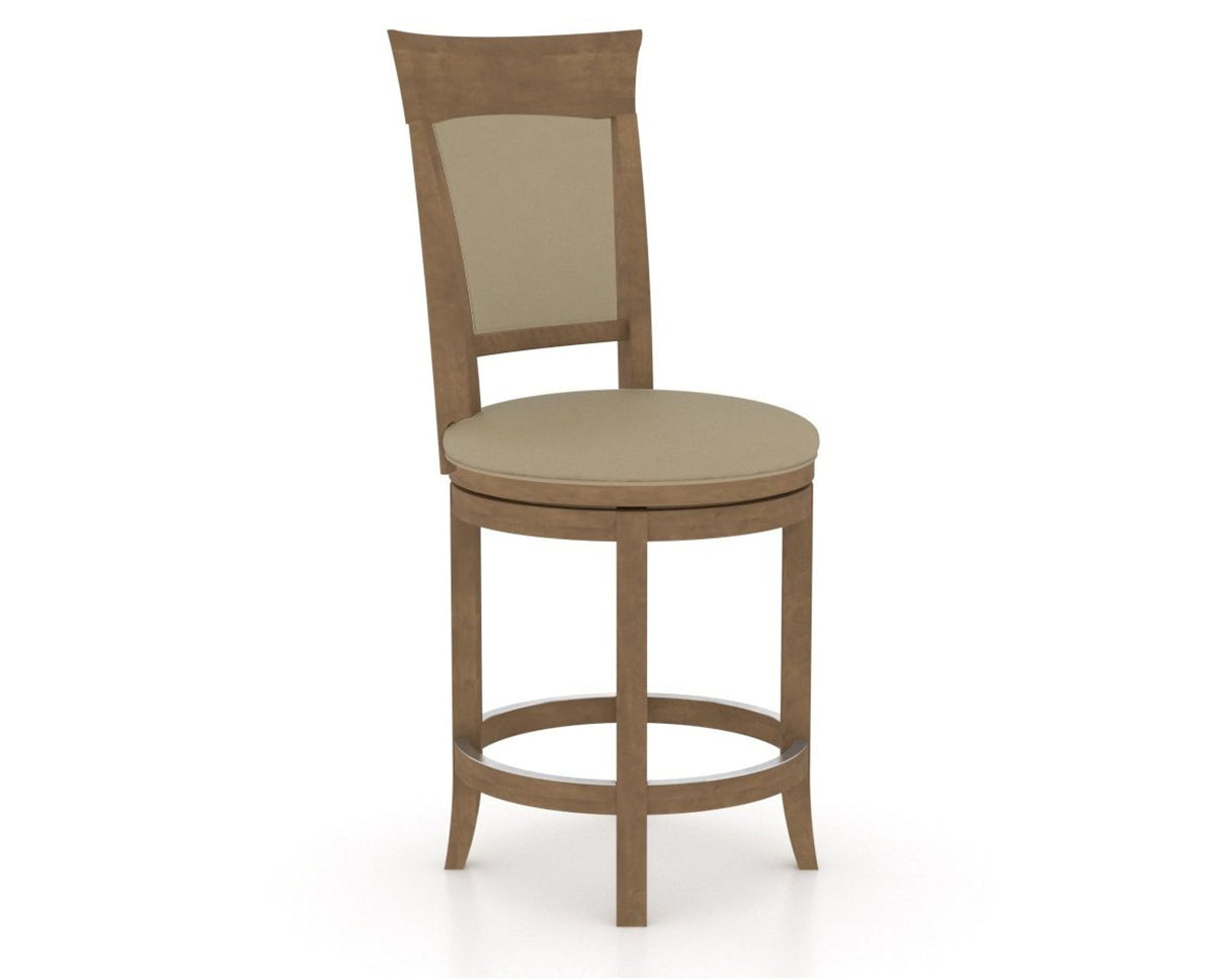 Canadel Upholstered Counter Stool 8274 in XY Faux Leather and 25 Pecan Washed and Swivel Base, three-quarter view