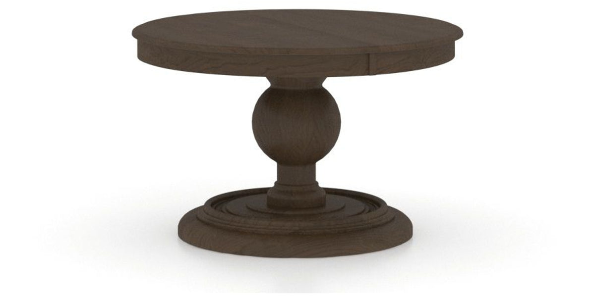 Canadel Round Dining Table 4848 with HQ Base, A Edge in 29 Hazelnut Washed, three-quarter view