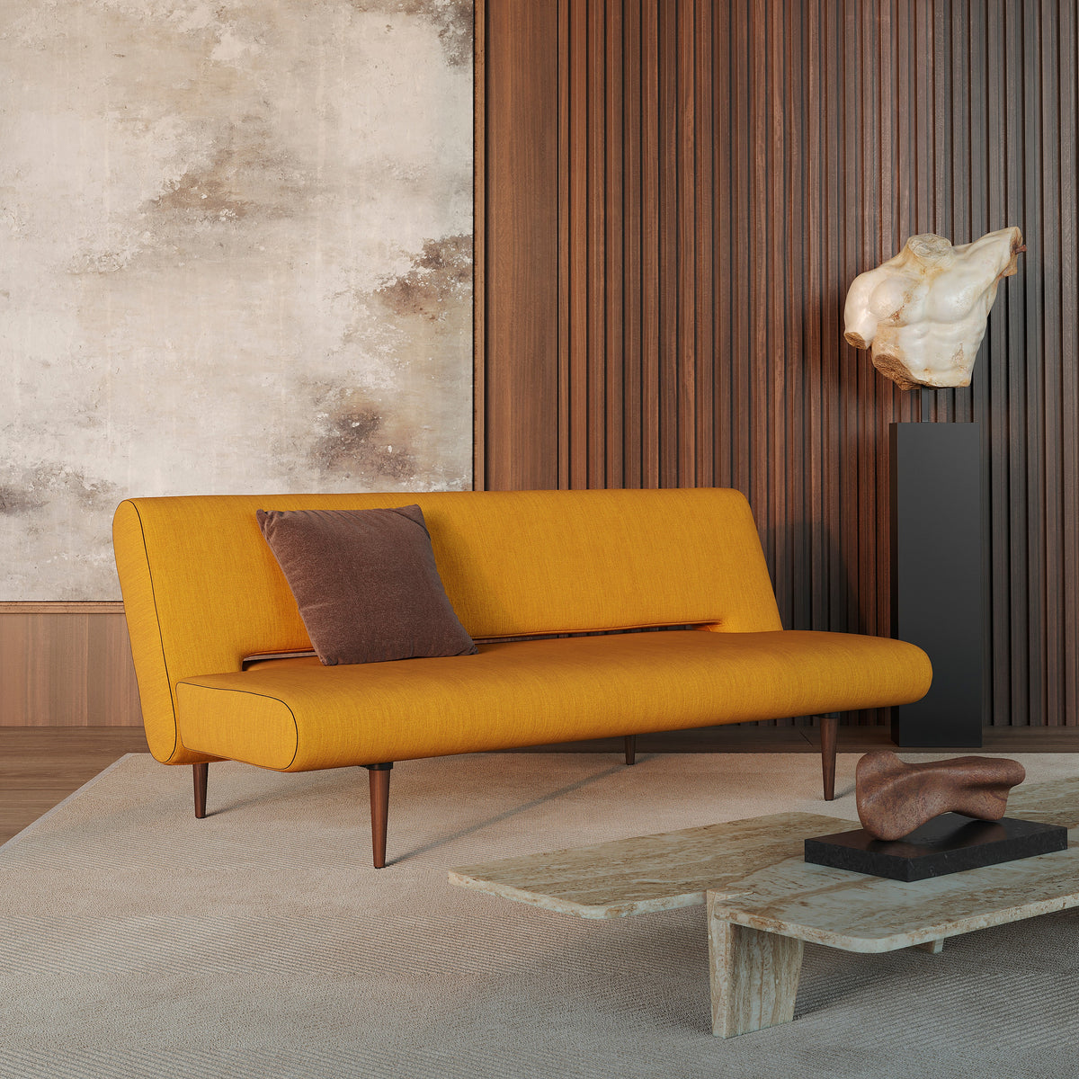 Innovation Living Unfurl Sleeper Sofa, room setting, shown in 507 Elegance Burned Curry all-groups