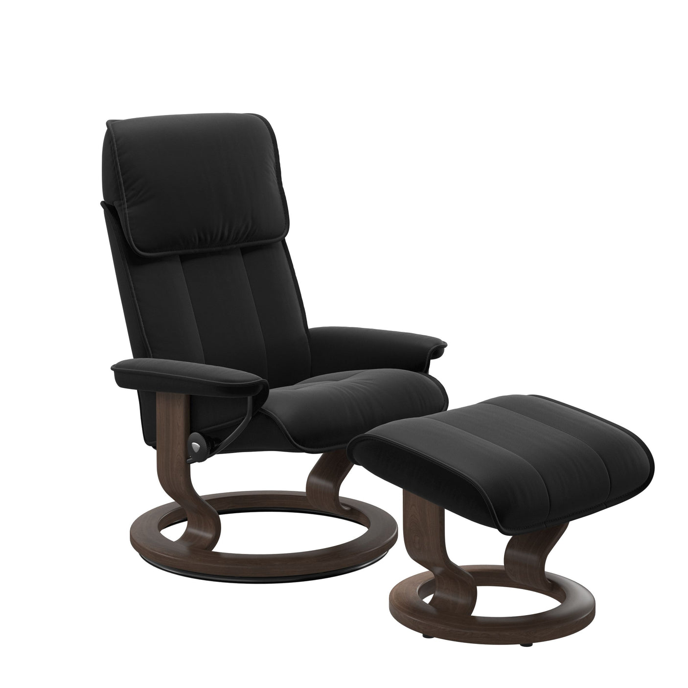 Black recliner chair with ottoman on a white background