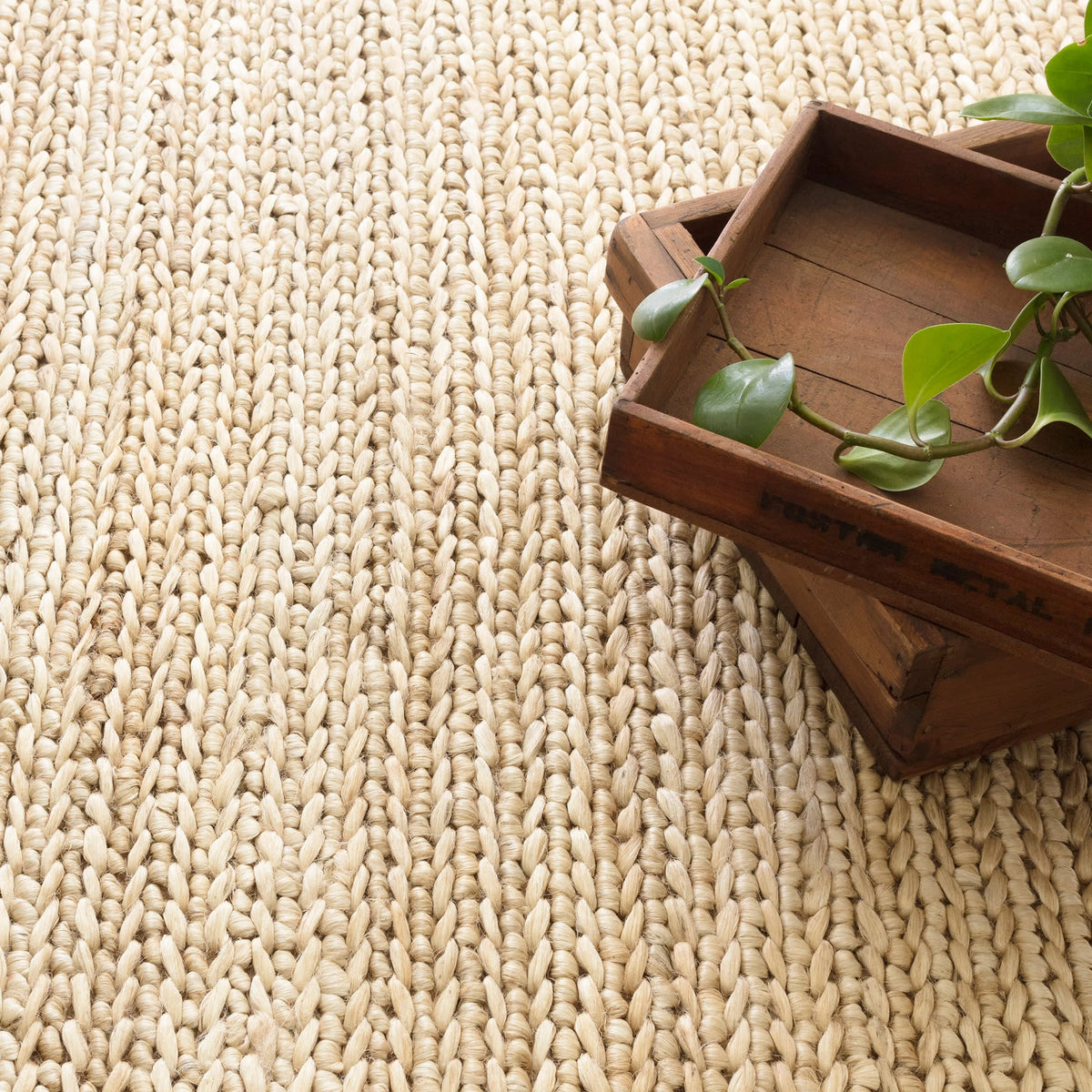 Dash & Albert Jute Handwoven Rug in Natural, close-up with a crate