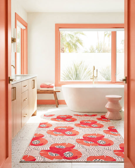 Dash & Albert Japanese Poppy Machine Washable Rug in Multi, bathroom setting
