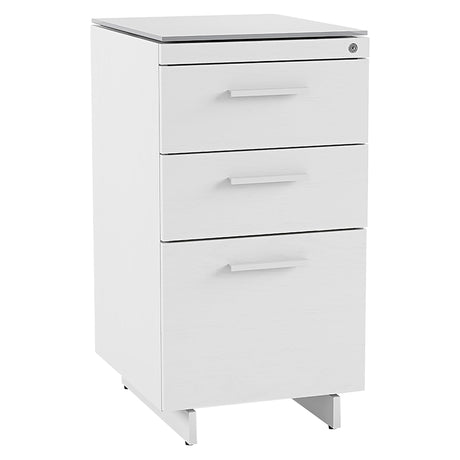 BDi Centro 6414 3 Drawer File Cabinet in Satin White on Oak with Grey Glass, on white