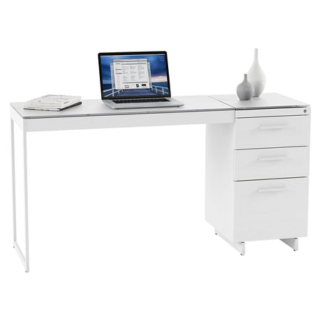 BDi Centro 6414 3 Drawer File Cabinet in Satin White on Oak with Grey Glass, on white