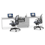 BDi Centro 6417 Multi Function Cabinet in Satin White on Oak with Grey Glass, supporting two desk tops, with two chairs, on white