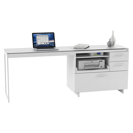BDi Centro 6417 Multi Function Cabinet in Satin White on Oak with Grey Glass, on white